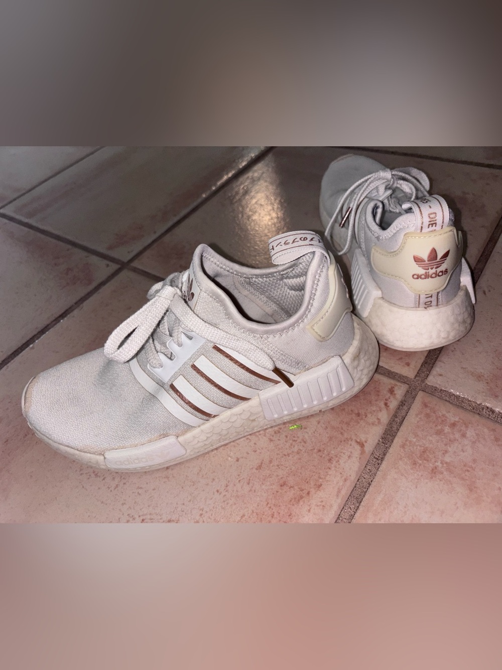 adidas Women’s White Sneakers with Rose Gold Stripe Accents